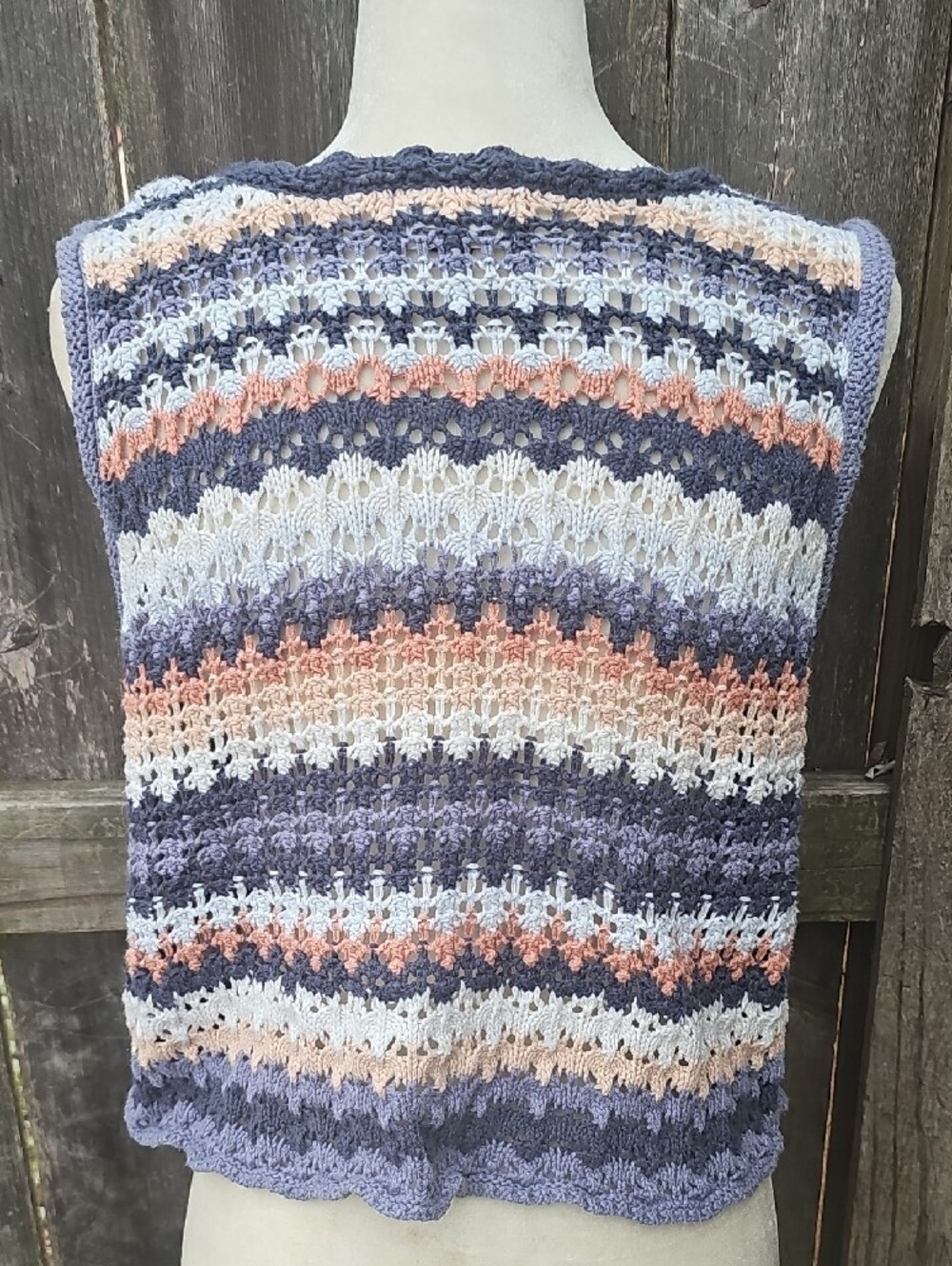 Universal Thread Striped Openwork Knit Crochet Tank Blue Beige Orange L - Picture 4 of 7